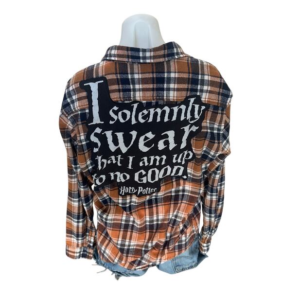 Harry Potter Flannel Plaid Shirt LARGE Oversized Unique Marauders Map Unique - Picture 1 of 6
